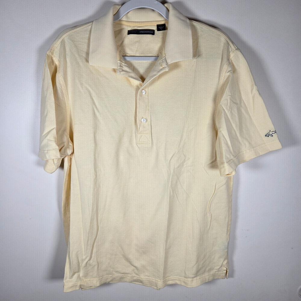 Greg Norman Polo Shirt Mens Small Yellow Cotton Shark Logo Golf Preppy Classic